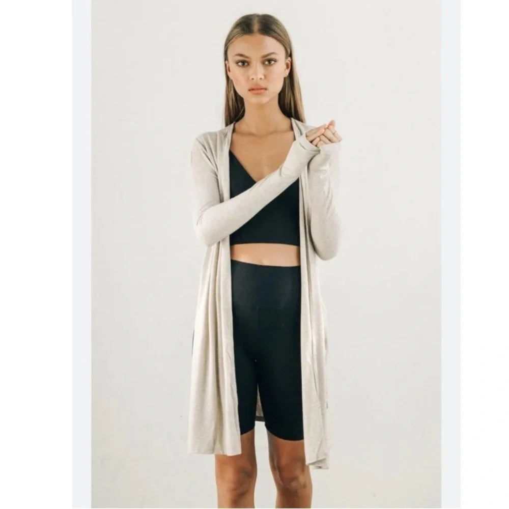 Joah Brown Cardigan Luna Duster Side Slit Ribbed in Oatmeal Cream